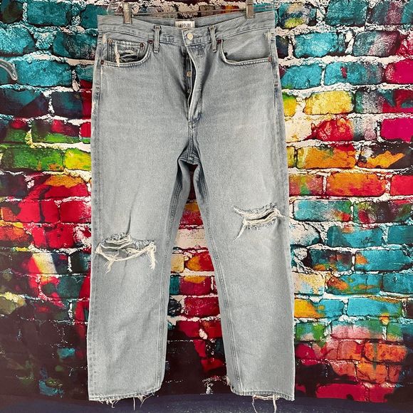 Agolde 90's Mid Rise Loose Fit Jeans Button Fly Distressed Size 30 - Picture 2 of 16